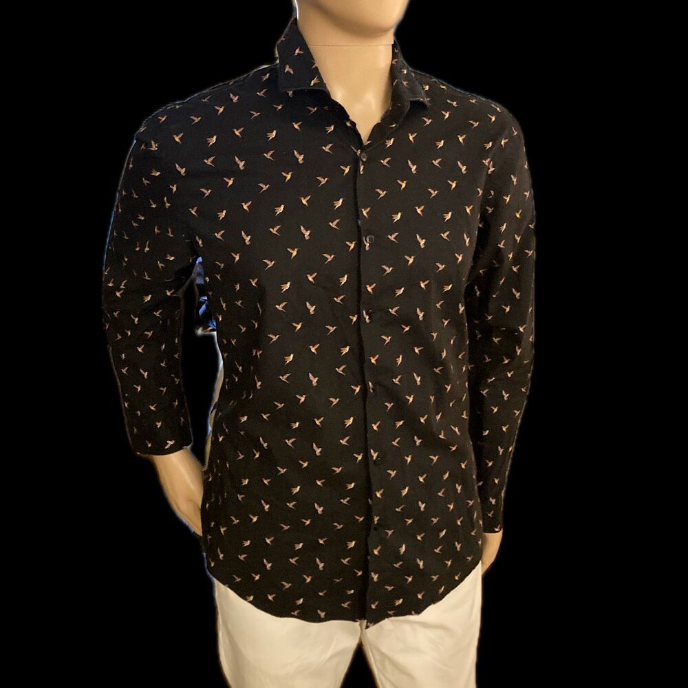 Black Collared Shirt Bird Pattern Zara Man USA XL/ Mex. 44 Slim Fit